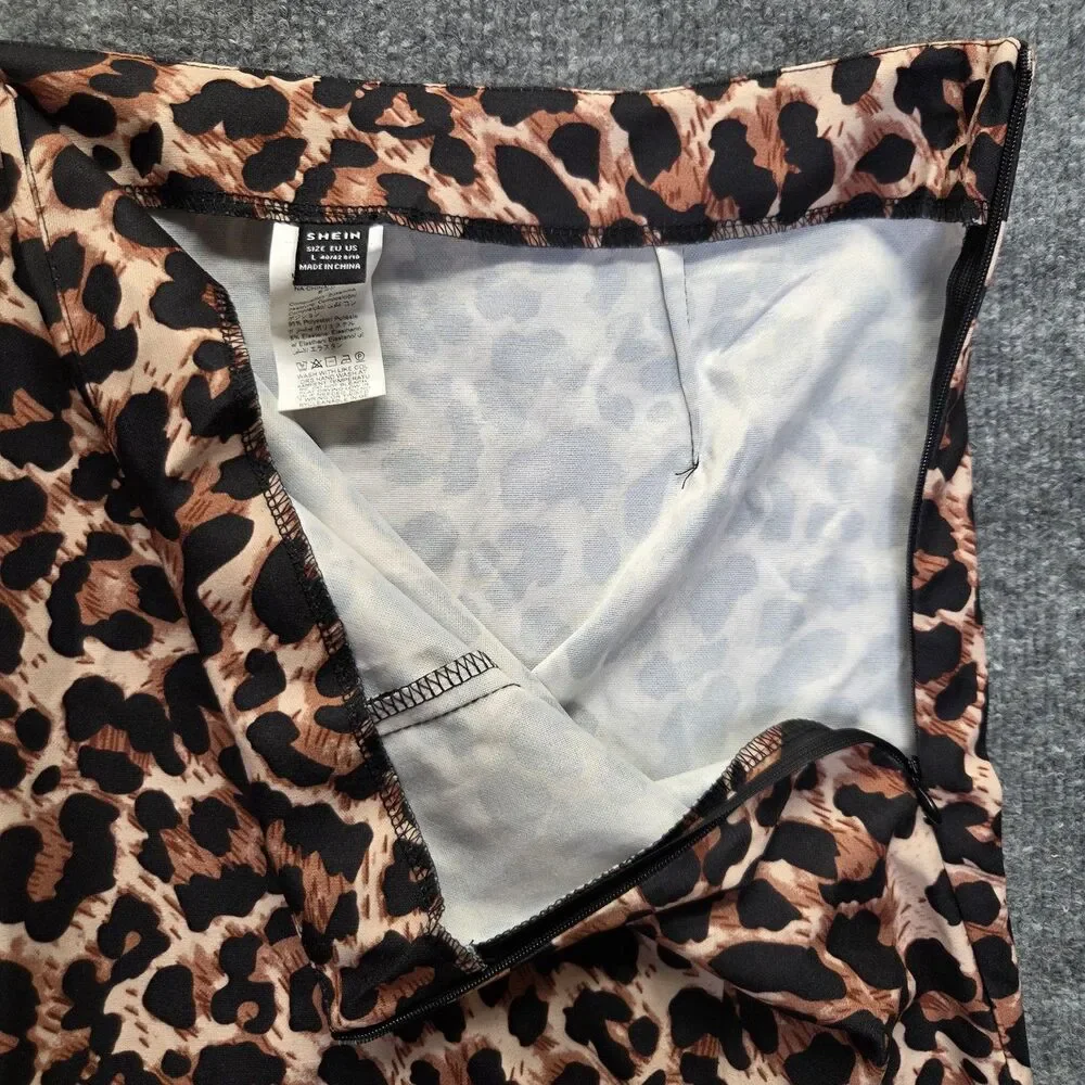 Womens Skirt Medium Black Brown Leopard Print A-Line Mini Slit Stretch Zip